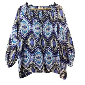 Weill Blue Purple Ikat Silk Peasant Blouse Ruffle Tie Neck Balloon Sleeve Sz M